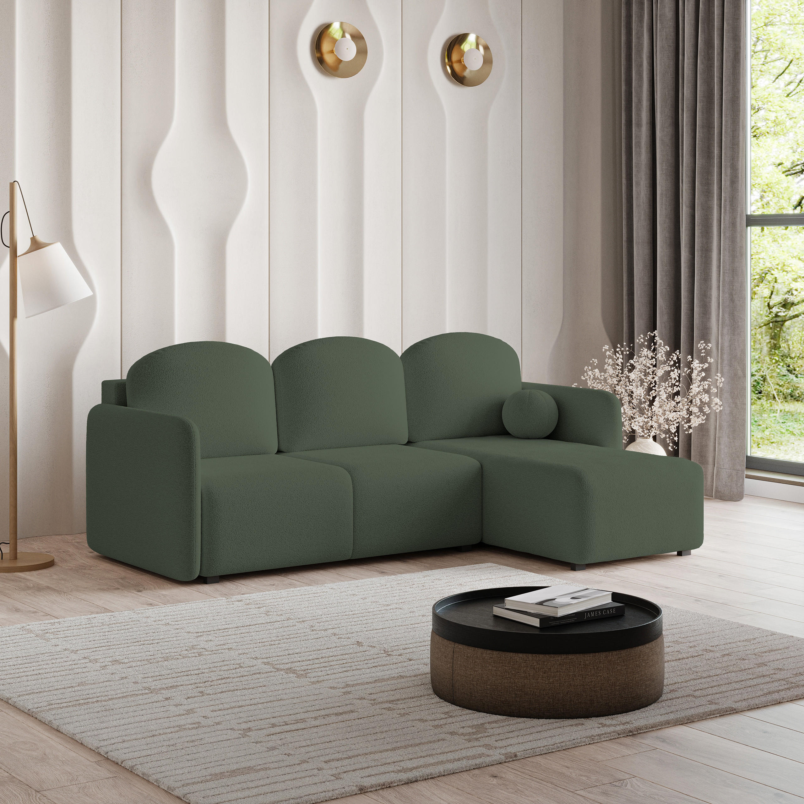 ECKSOFA SUVINO Grün Boucle-Stoff mit Schlaffunktion - Grün, Holz (230/143cm) - MASSENO
