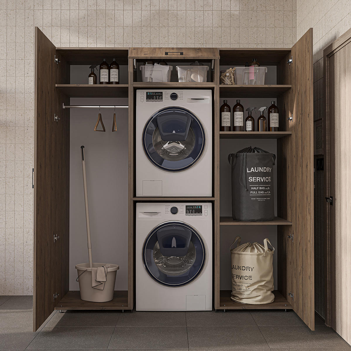 WASCHMASCHINENSCHRANK DUO-II 187cm Breit, 205cm Hoch - Eichefarben, Holzwerkstoff (187/205/67cm)