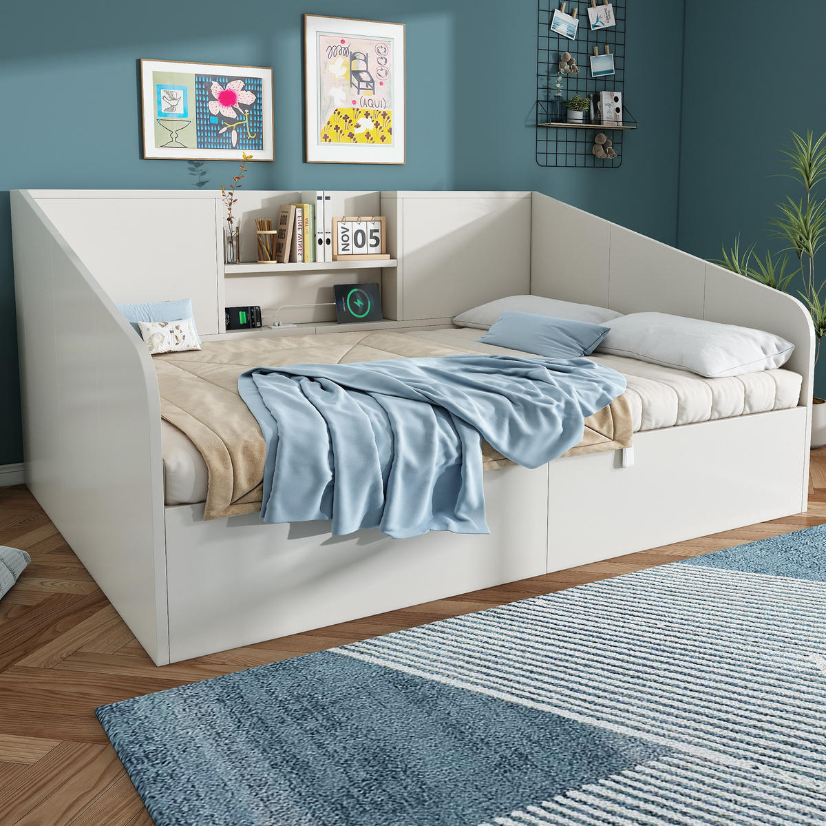DENNÁ posteľ 140/190 cm biela s hydraulickým úložným priestorom a USB/Type-C nabíjaním z dreva - biela, textil (140/190cm) - OKWISH