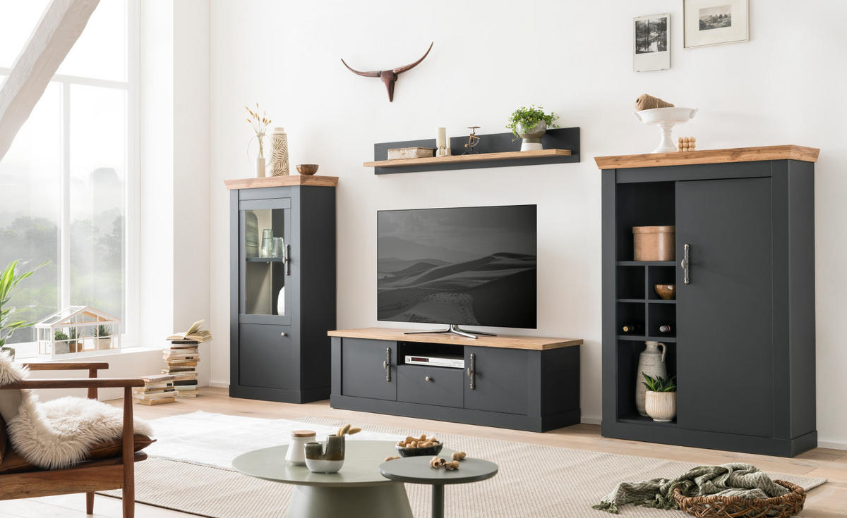 WOHNWAND 4-teilig grau, Eiche Wotan, Landhaus 357 x 170 cm, Wohnkombination mit Soft-Close - Silberfarben/Eiche Wotan, Glas/Holzwerkstoff (357/170/45cm) - Furn.Design