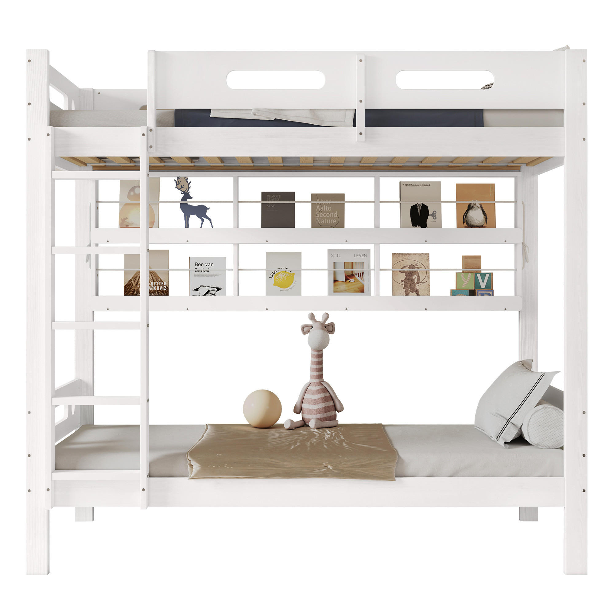 ETAGENBETT 90/200 cm aus Kiefernholz und MDF mit 5-stufiger Leiter, offenem Regal und Fallschutz, Weiß/Natur - Weiß, Holz (90/200cm) - Redom