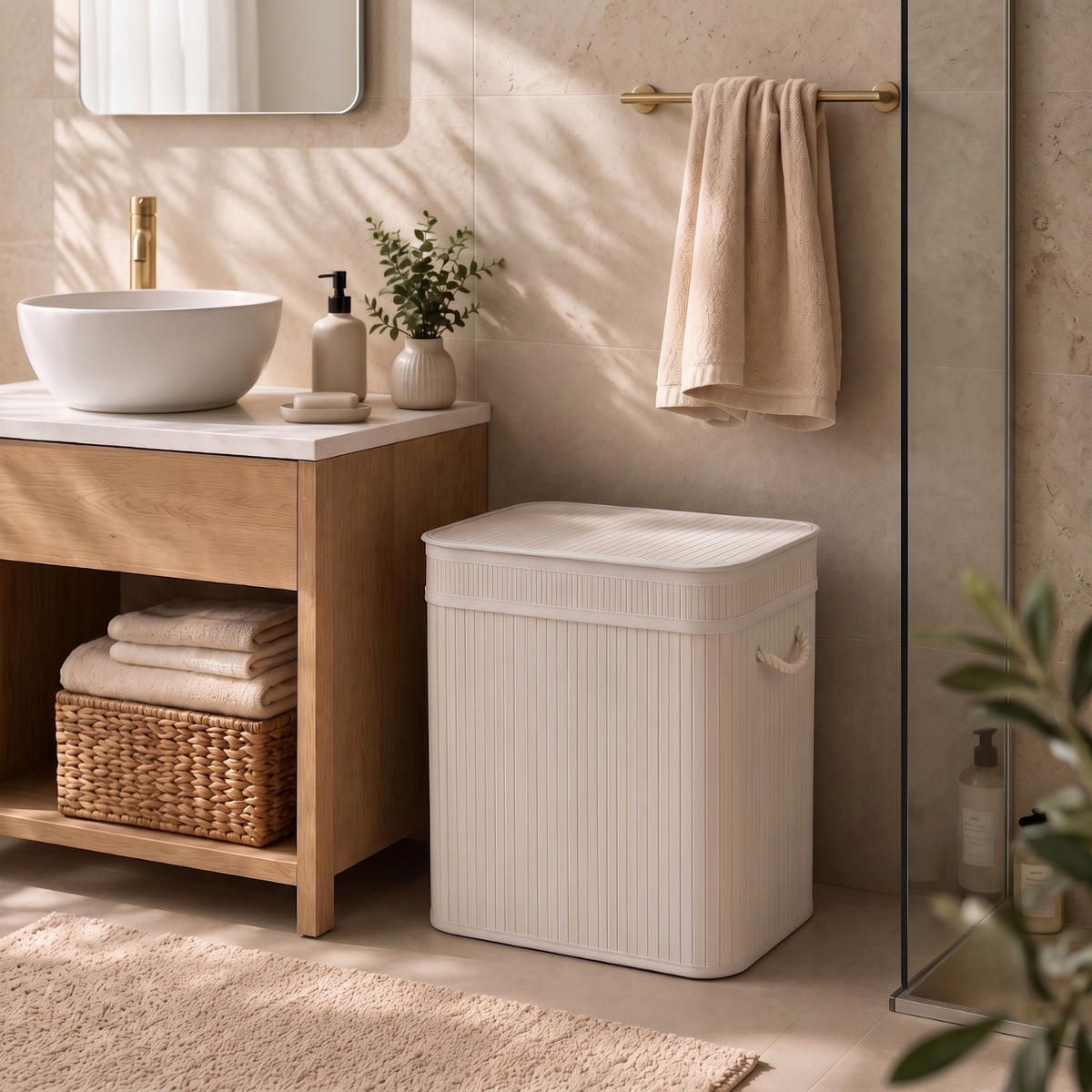 WÄSCHEKORB aus Bambus 100 l 55/35/60 cm - Weiß, Naturmaterialien (35/60/55cm) - NUXIO