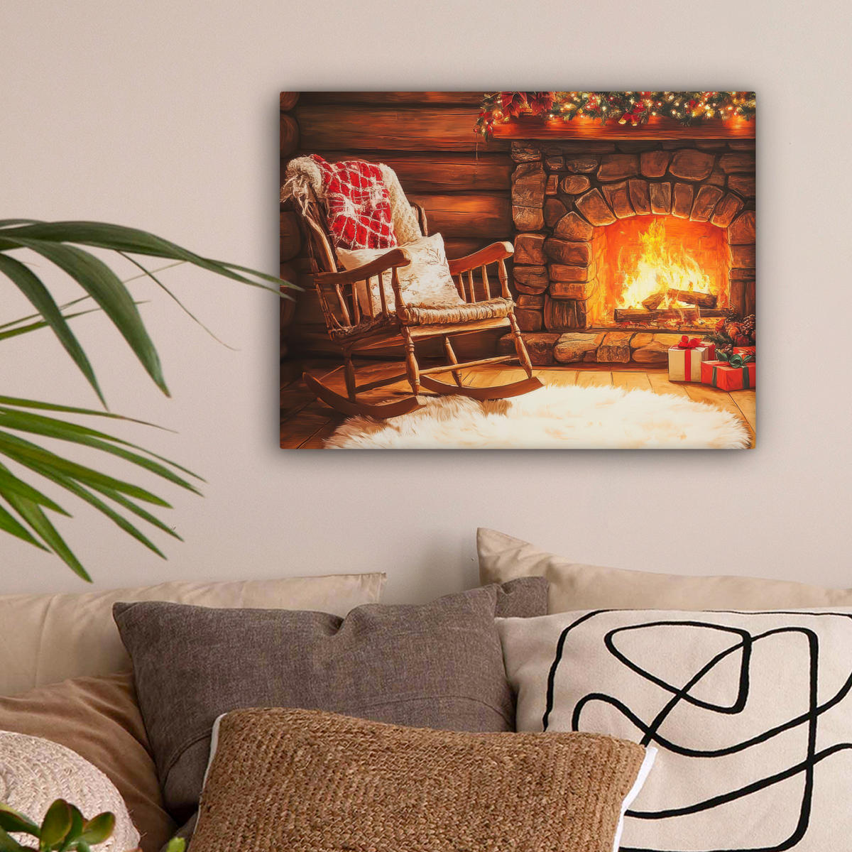 LEINWANDBILD Winter - Weihnachten - Zuhause - Kamin 40x30 cm - Bernsteinfarben, Textil (40/30cm) - MuchoWow