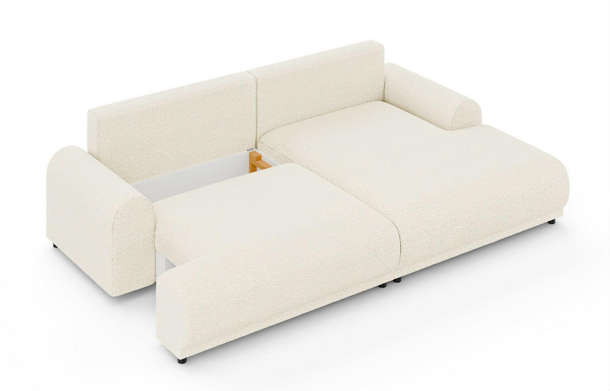 ECKSOFA m.Schlaffunktion, Bettkasten, extrabreite Ottomane rechts, abgerundete Armlehnen, B240/T145/H81 cm, Bezug Bouclé-Charakter Beige Creme / 21027 - Beige/Creme, Kunststoff/Textil (240/145cm) - luma-home