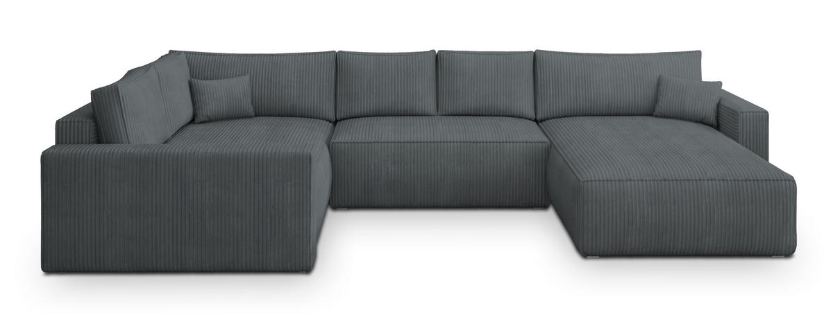 WOHNLANDSCHAFT VELAMI L-S Grau Kordstoff mit Schlaffunktion - Grau, Holz (365/83/194cm) - MASSENO