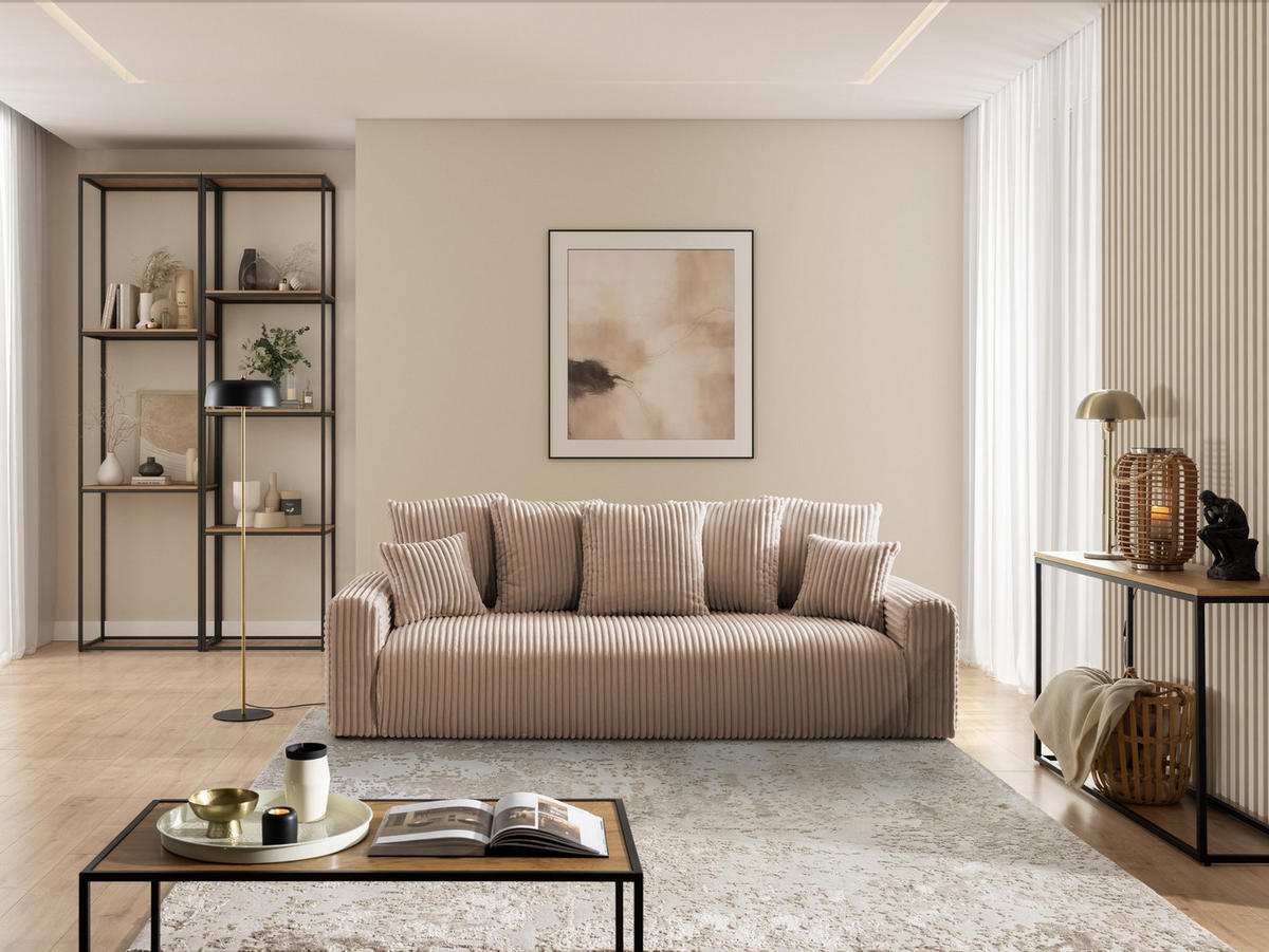 SCHLAFSOFA Calma mit Bettkasten im Bumpy-Design aus weichem Beige Plüschcord - Beige/Schwarz, Holz/Kunststoff (239/88/98cm) - S-Style