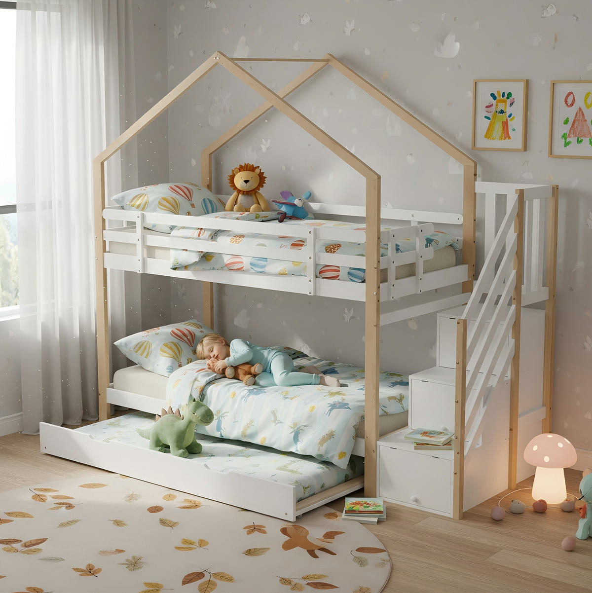 HAUSBETT 90/200 cm ausziehbar mit Treppe und Schubladen in Natur/Weiß - Weiß, Holz (90/200cm) - BEAOK