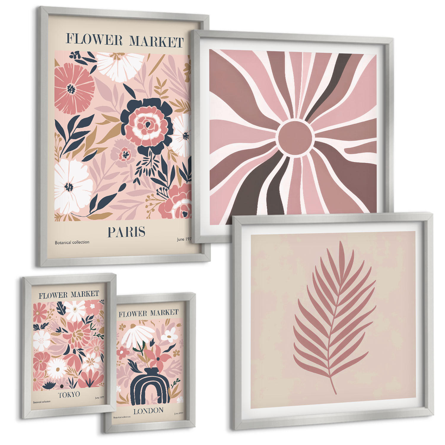 BILDER SET 5er Set - 50x50 cm & 20x30 cm & 40x60 cm Silberner Rahmen - Blumenmuster, Blätter, Geometrie - Silberfarben, Kunststoff (40/60cm) - TULUP