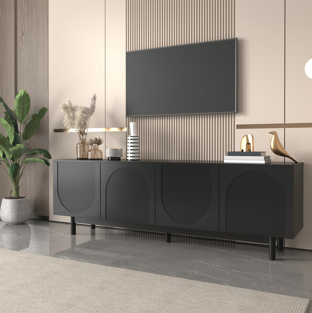 TV-SCHRANK mit 4 Türen 175 x 38 x 56 cm MDF Schwarz - Schwarz, Holzwerkstoff (38/56/175cm) - Beauniv