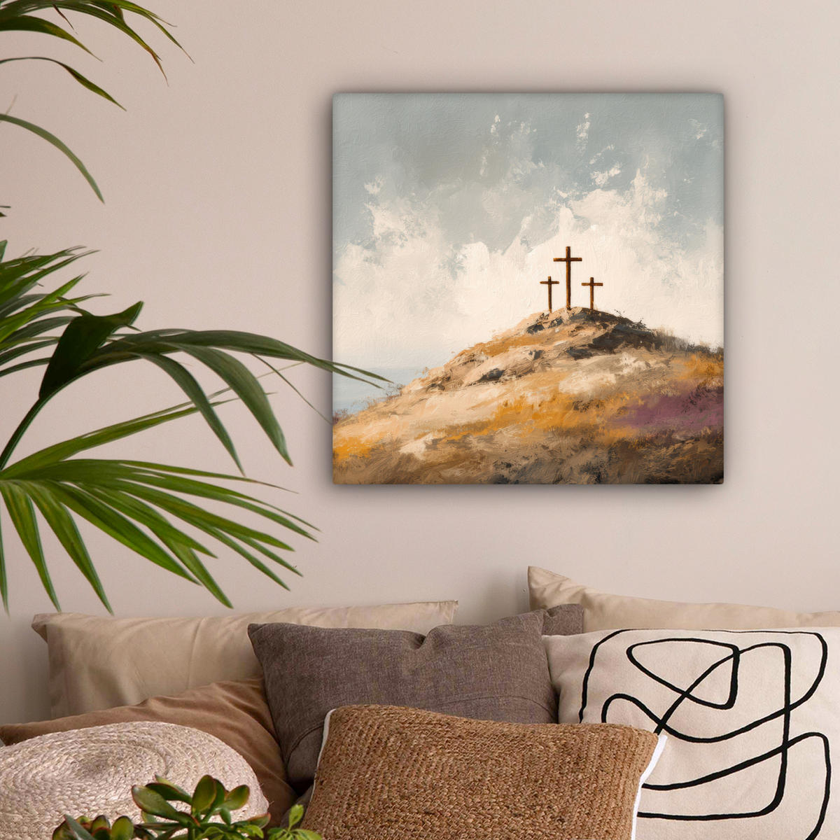 LEINWANDBILD Hügel - Abstrakt - Christentum - Kreuz Wandbild Wohnzimmer 50x50 cm - Hellgrau, Textil (50/50cm) - MuchoWow