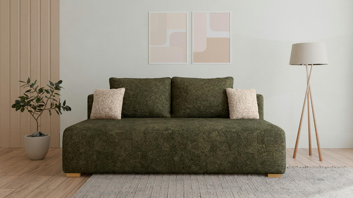SCHLAFSOFA - Polstersofa aus Bouclé - Grün (Arena 12 + Arena 2 Kissen) - Beige/Grün, Holzwerkstoff (200/90/100cm) - Möblo