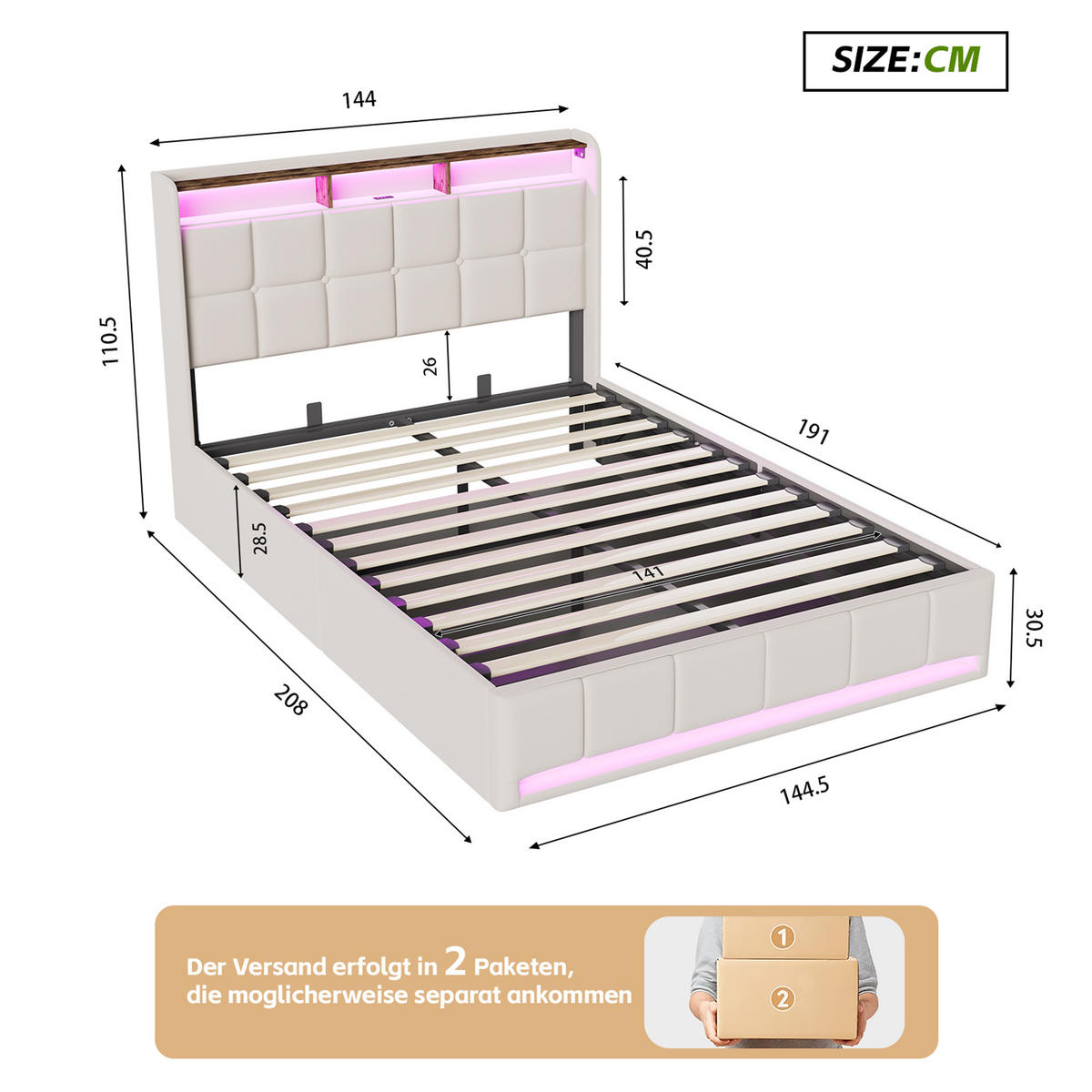 POLSTERBETT 140x190 cm Beige mit LED Beleuchtung, Kopfteil mit Stauraum und USB/Type-C, hydraulisches Stauraumbett - Beige, Metall (140/190cm) - EuroLiving