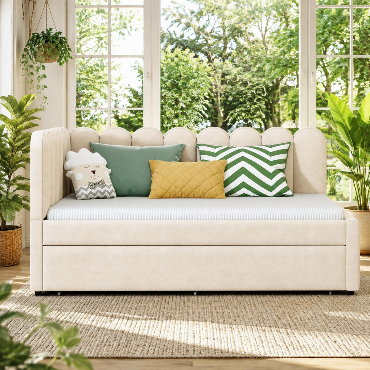 POLSTERBETT 140/200 mit Ausziehbett, L-Form und blütenförmiger Rückenlehne aus Samt in Beige - Beige, Holzwerkstoff/Textil (140/200cm) - EVRYAE