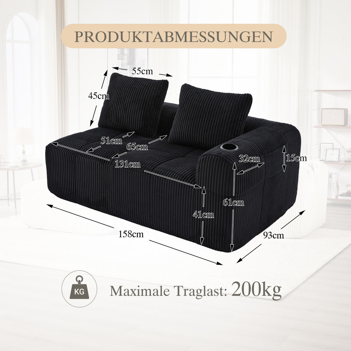2-SITZER Sofa Cordstoff mit Seitenfächern und Becherhaltern 158/93/61 cm Schwarz - Schwarz, Textil (93/61/158cm) - Redom