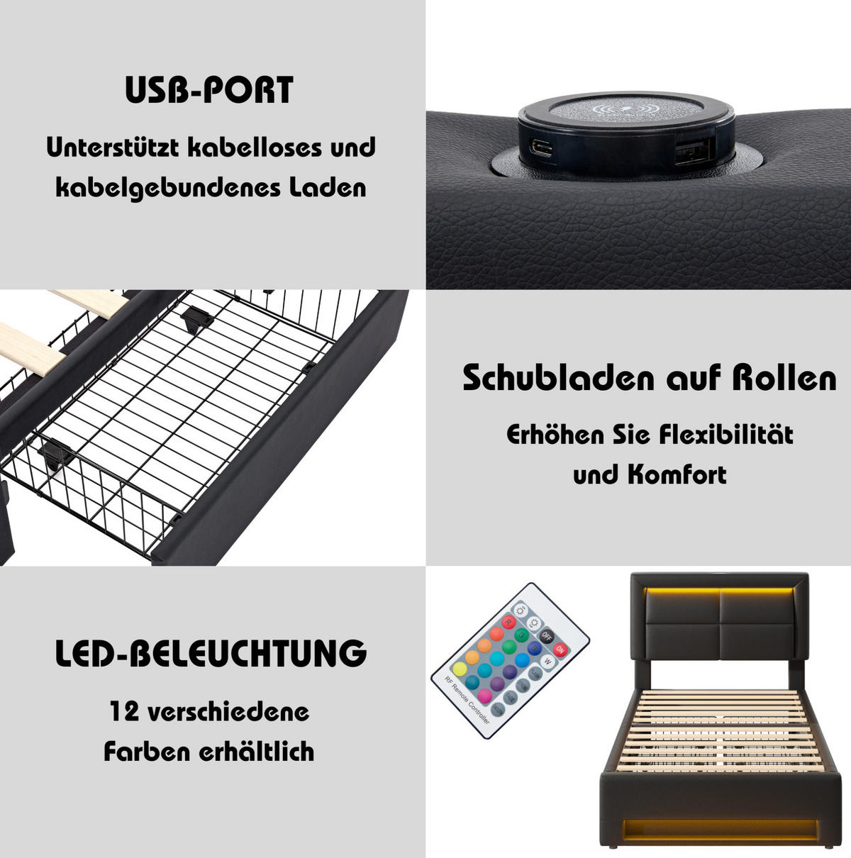 POLSTERBETT mit USB, LED und 4 Schubladen 90x200 cm PU Schwarz - Schwarz, Metall (90/200cm) - Meubliv