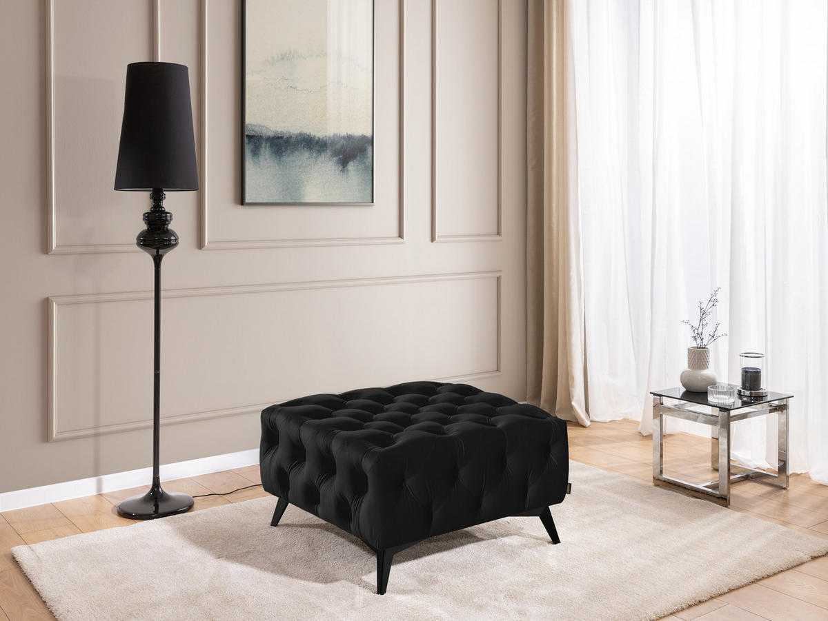 HOCKER Chesterfield Whitby Schwarz Samt mit schwarzen Füßen - Schwarz, Holz/Textil (80/45/80cm) - S-Style Möbel