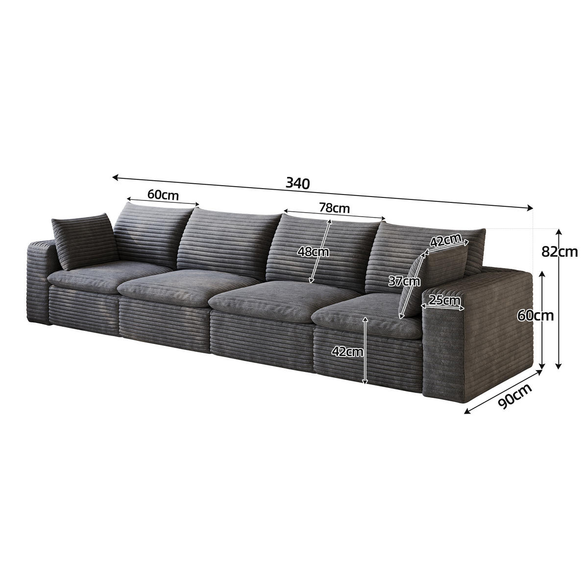 4-SITZER-SOFA DE-34773 mit abnehmbare Polsterung Dunkelgrau - Dunkelgrau, Textil (90/60/340cm) - ComfortXL