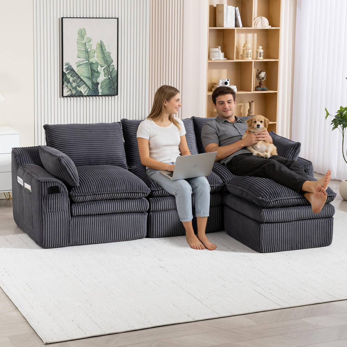 3-SITZER ECKSOFA Cord Dunkelgrau mit Kissen, Hocker und Seitentaschen - Dunkelgrau, Textil (263/167cm) - WISHDOR