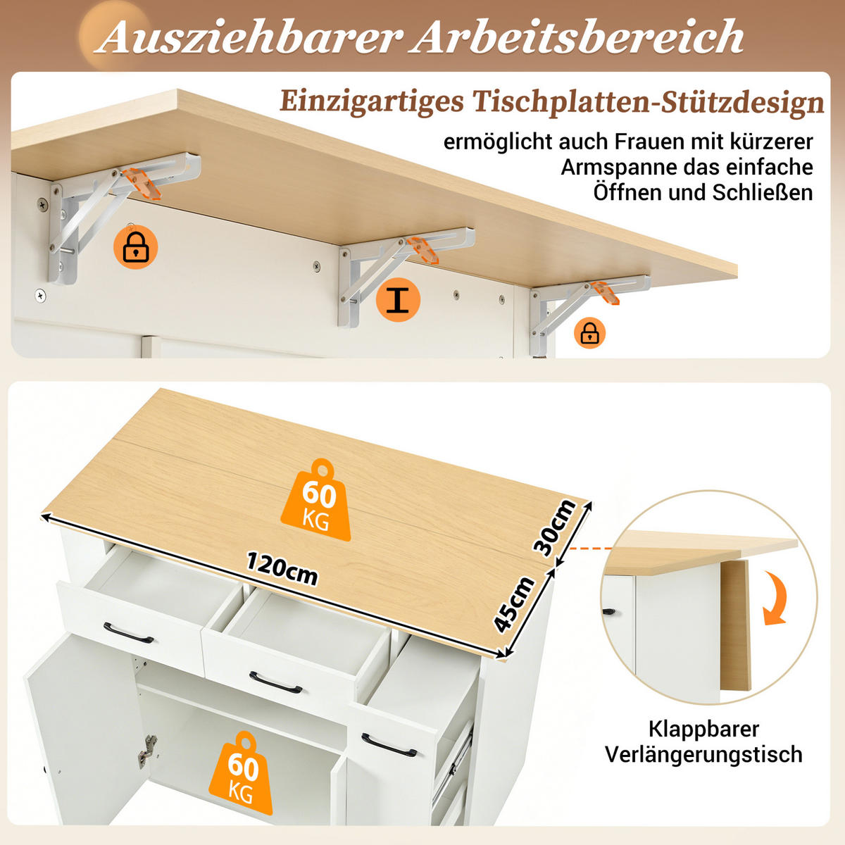 KÜCHENINSEL mit Klappplatte 120 x 45-75 x 96 cm Weiß - Weiß, Holz (45/96/120cm) - Beauniv