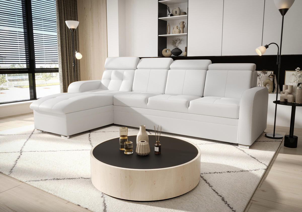 ECKSOFA KONGO RBN10, Eckcouch in L-Form mit Schlaffunktion, Farbe: Weiß, Kunstleder, Ottomane Links - Weiß, Textil (315/169cm) - O-Sofa