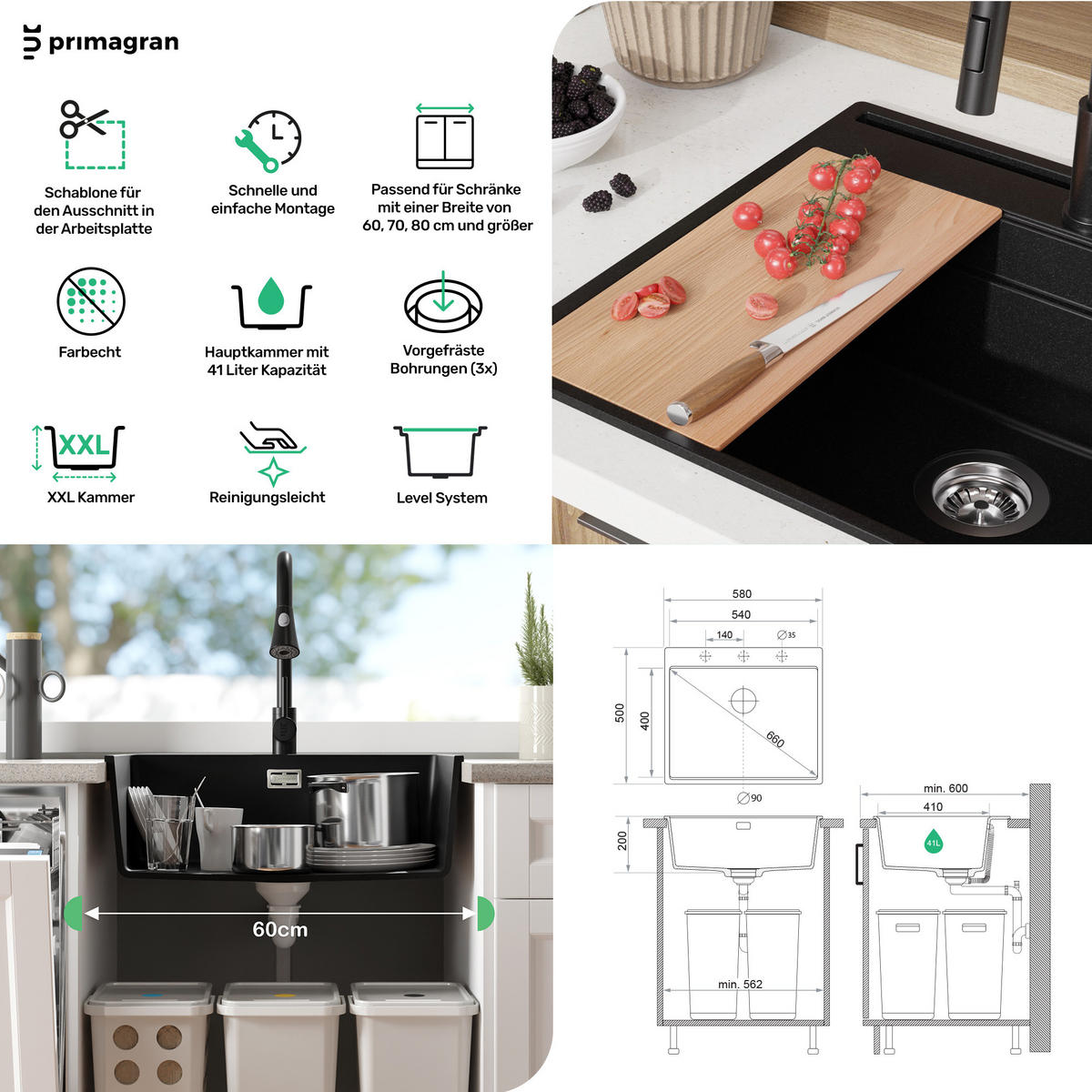 SPÜLBECKEN Oslo, 2-er set Alles Weiß 58/50 cm 1 Becken + Ablauf-Set + Schneidebrett ab 60er Unterschrank - Beige/Weiß, Kunststoff (58/20/50cm) - Primagran