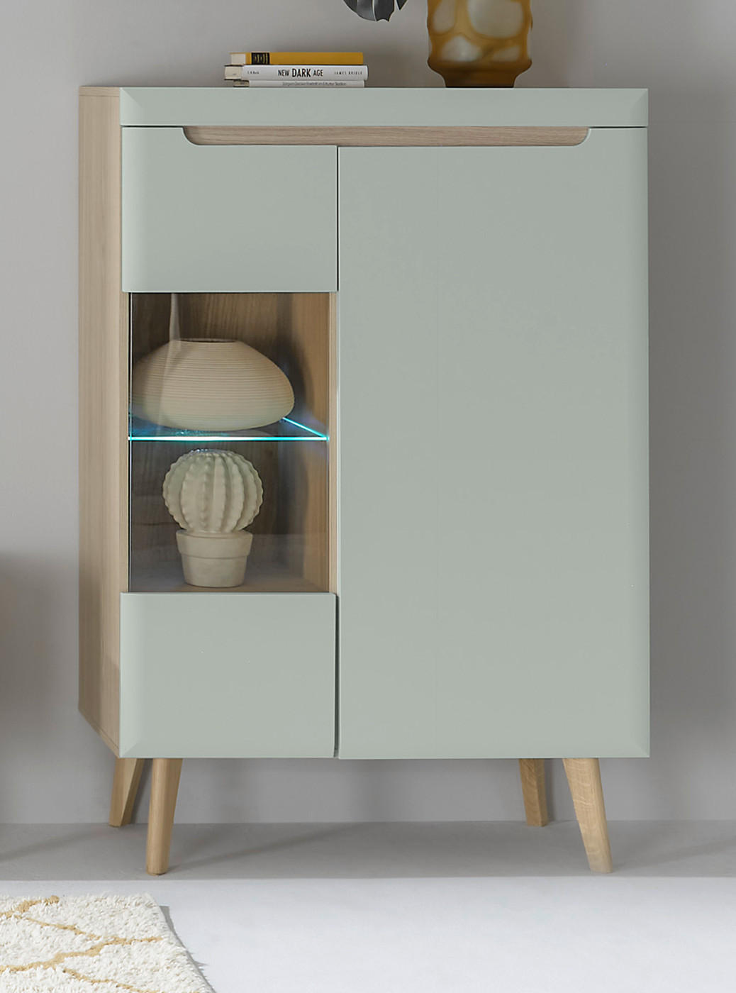 HIGHBOARD Pistazie grün, Eiche, skandinavisch 90 x 134 cm, Vitrine mit Soft-Close-Funktion - Eichefarben/Pastellgrün, Glas/Holz (90/134/40cm) - Furn.Design