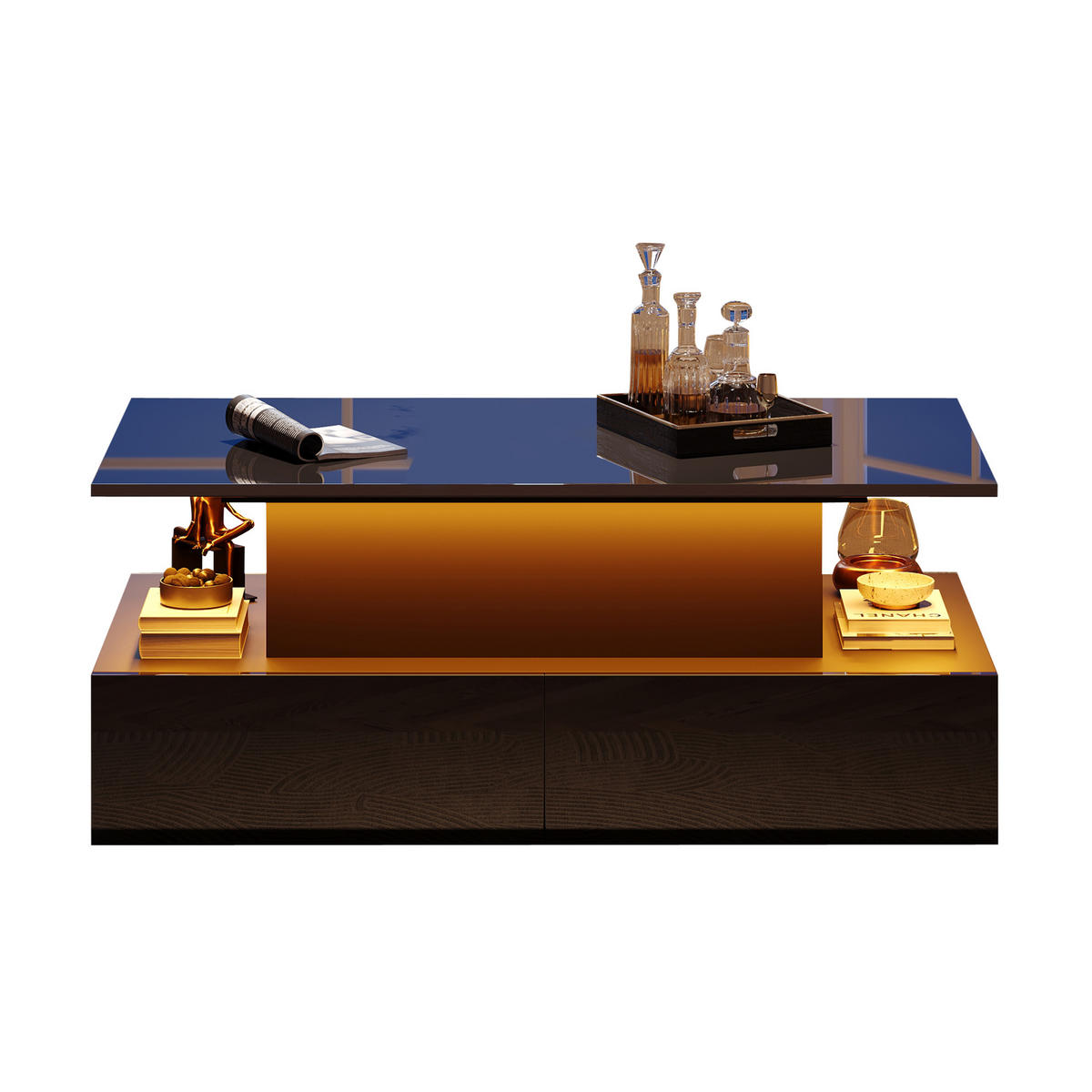 COUCHTISCH 90/55/41 cm in Schwarz Hochglanz mit LED-Beleuchtung und 4 Schubladen - Schwarz, Holzwerkstoff (90/55/41cm) - Flora Grace