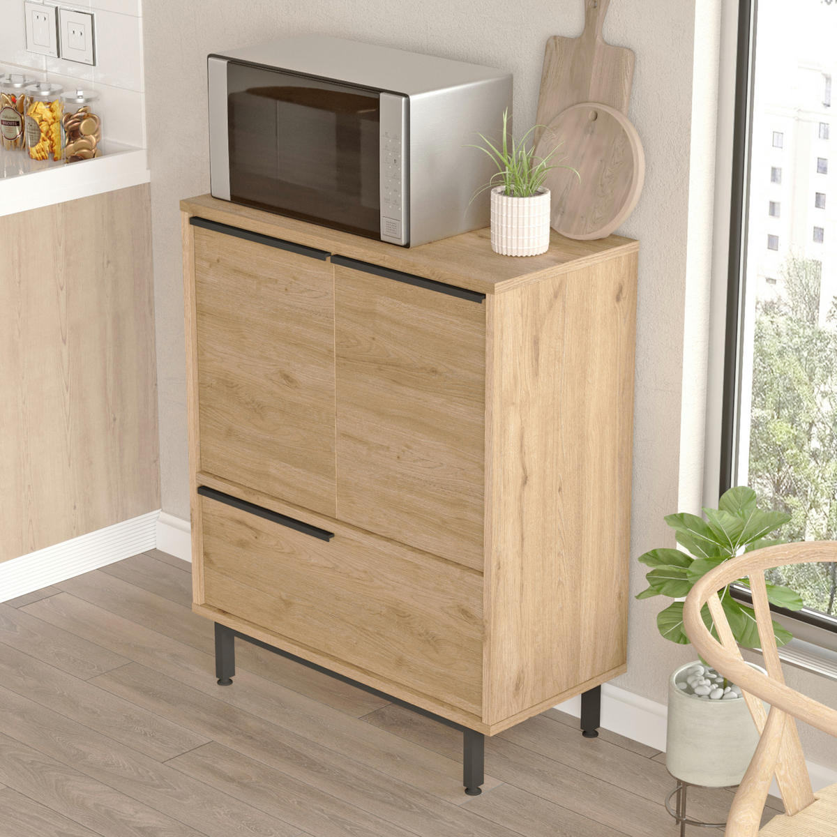 MEHRZWECKSCHRANK Vesanto - Eichefarben/Schwarz, Holzwerkstoff/Metall (75/90.5/35.5cm) - [en.casa]