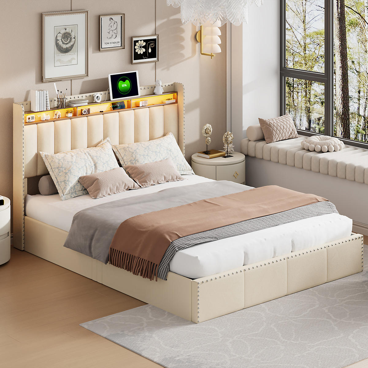 POLSTERBETT 140x200 cm, Beige, Boxspringbett mit Stauraum, 2 USB, LED - Beige, Textil/Metall (140/200cm)