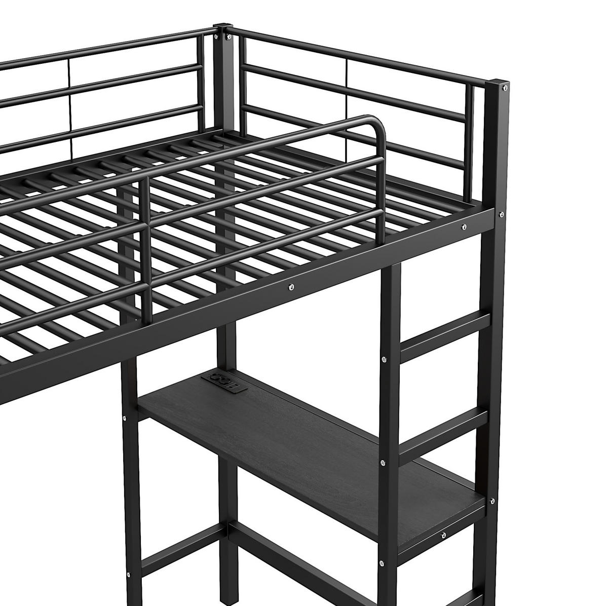HOCHBETT aus Metall 90x200 cm in Schwarz mit Schreibtisch, USB & Steckdose - Schwarz, Metall (90/200cm) - Modfu