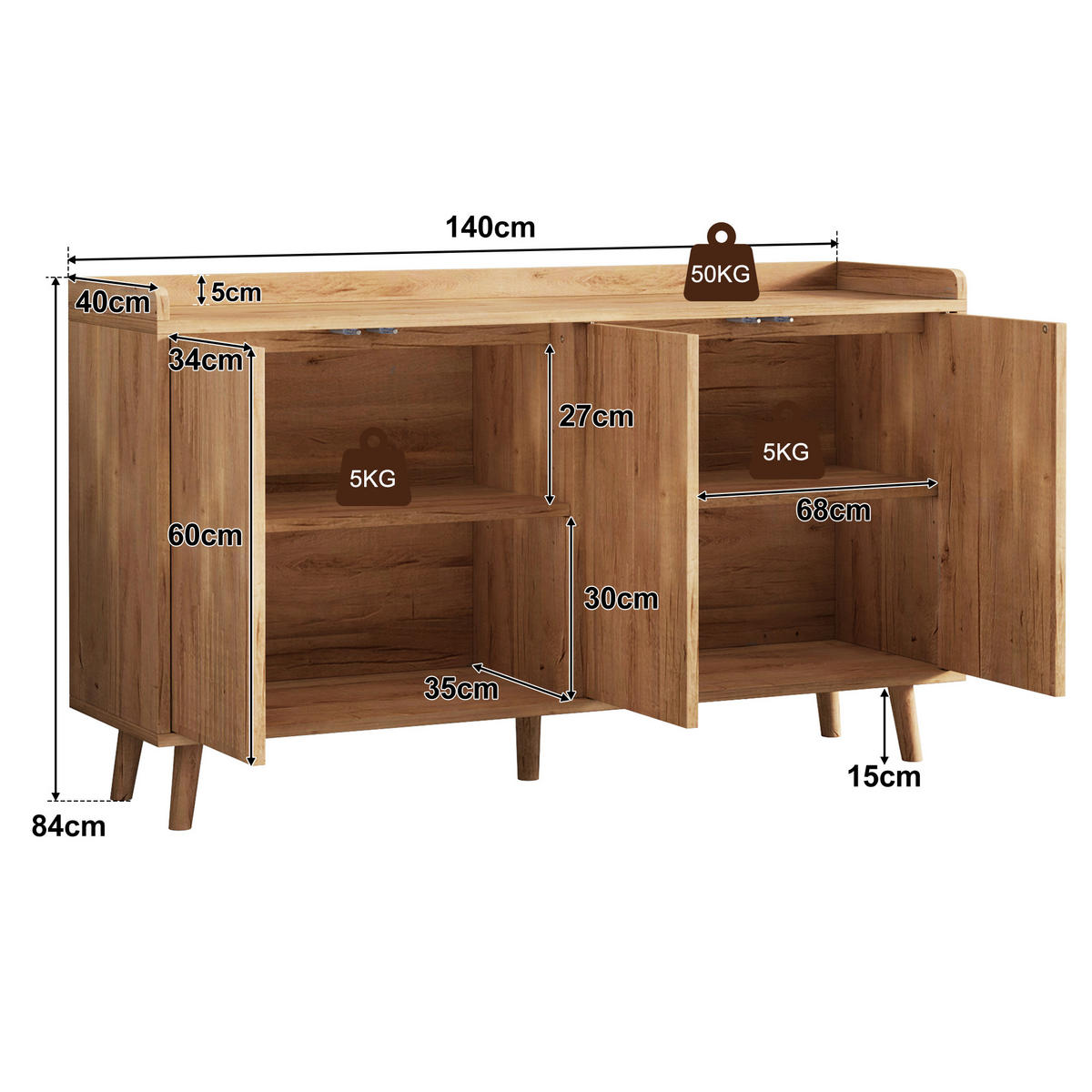 SIDEBOARD DE-38640 140/40/84 cm 4 Türen und verstellbare Böden Natur - Naturfarben, Holzwerkstoff (140/84/40cm) - ComfortXL