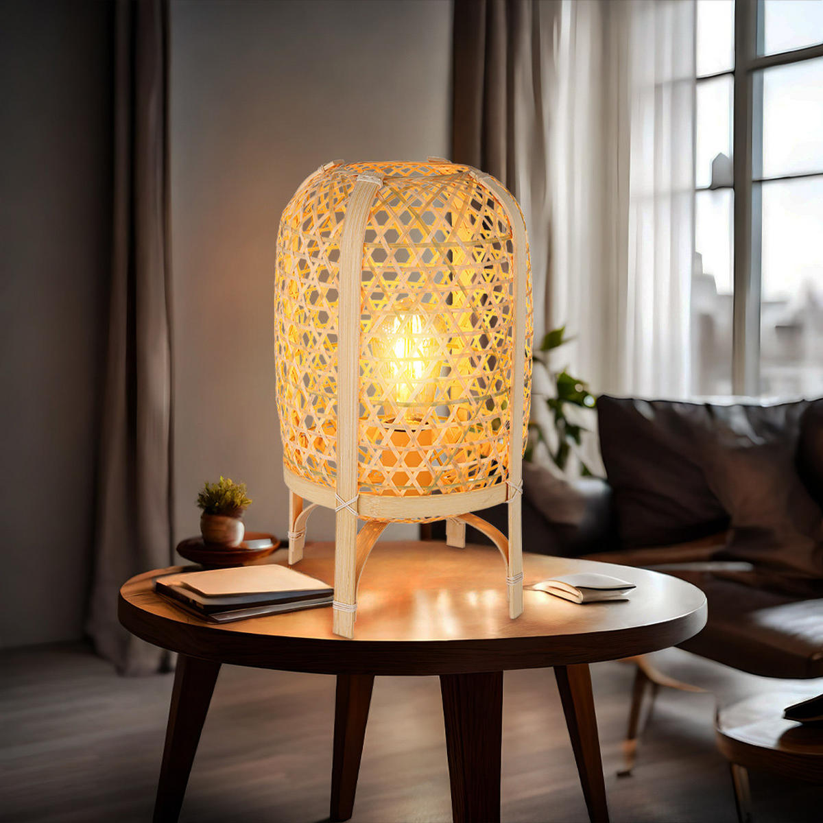 LED TISCHLEUCHTE Bambus Braun Geflecht - Braun, Holz (22/22/37cm) - Globo Lighting