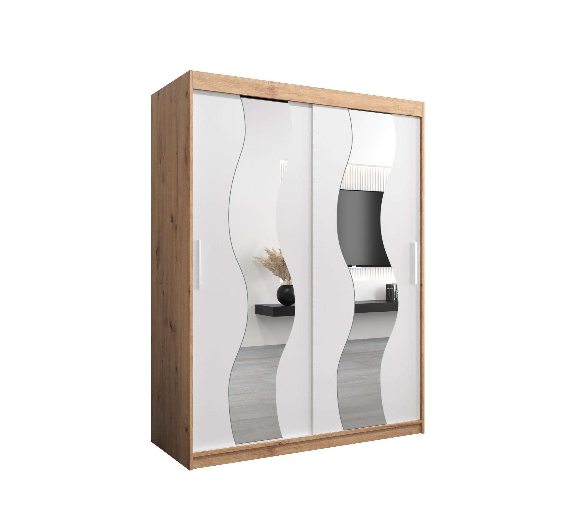 Abiks Möbel Schwebetürenschrank Eiche Artisan, Weiß 150x200x62 cm