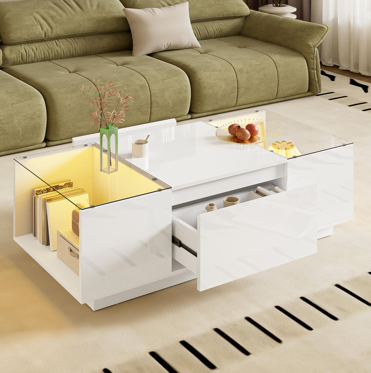 COUCHTISCH 105/50/35 cm weiß aus Spanplatte mit LED-Beleuchtung und Stauraum - Weiß, Holzwerkstoff (105/50/35cm) - OKMYHOME