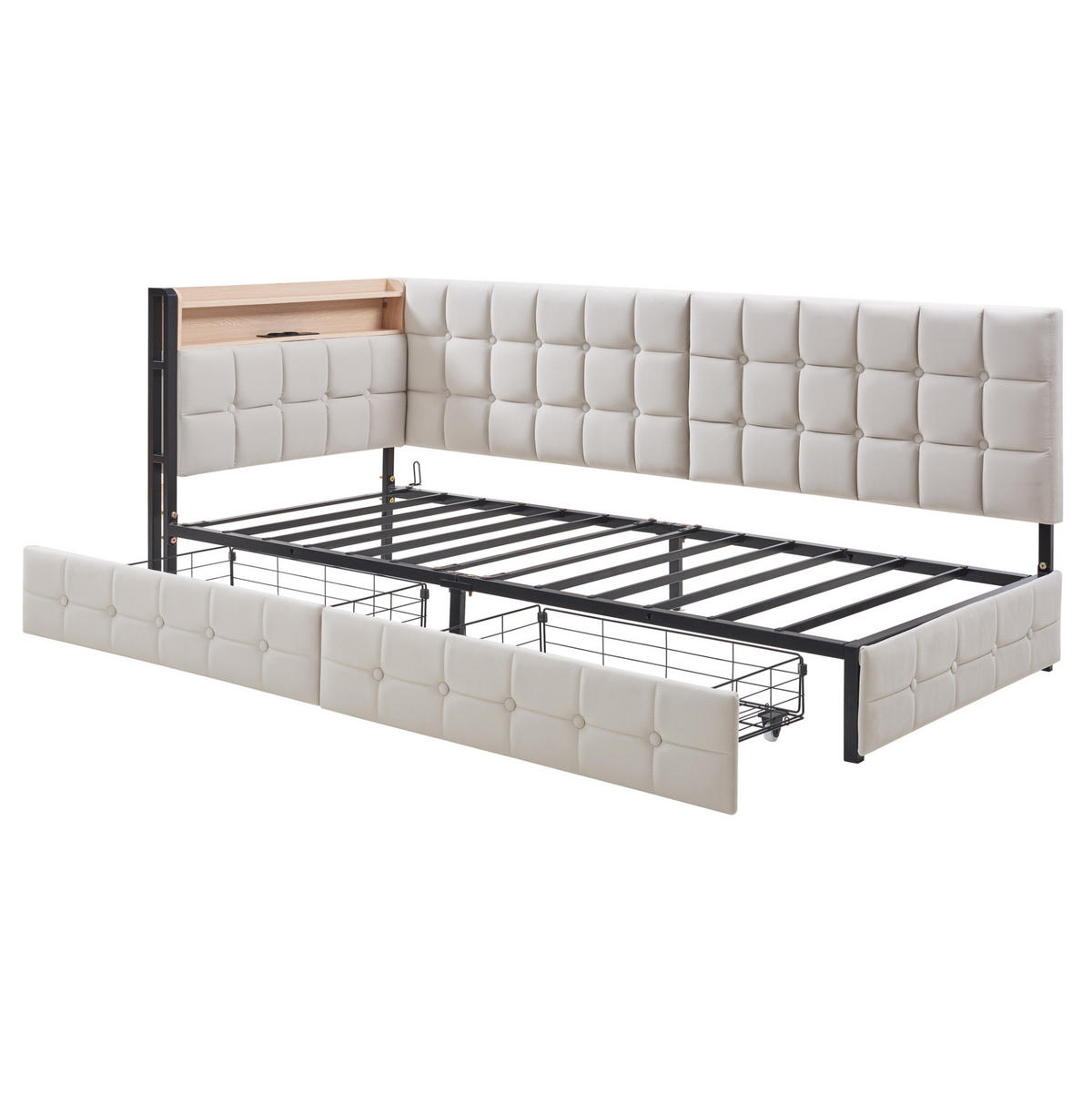 POLSTERBETT 90/200 cm Beige mit Stauraum mit LED-Beleuchtung und USB- und Type-C-Anschlüssen - Beige, Textil (90/200cm) - OKWISH