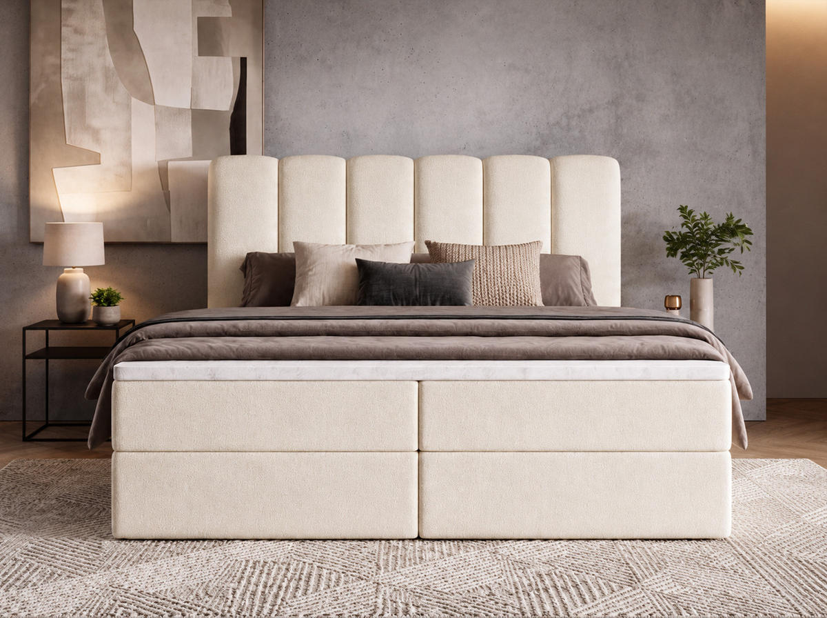 BOXBET NOLARO 160x200 cm Komplett-Set mit Bettkasten, Bonell-Matratze und Topper, Bouclé Creme - Creme, Textil (160/200cm) - Luxkor24