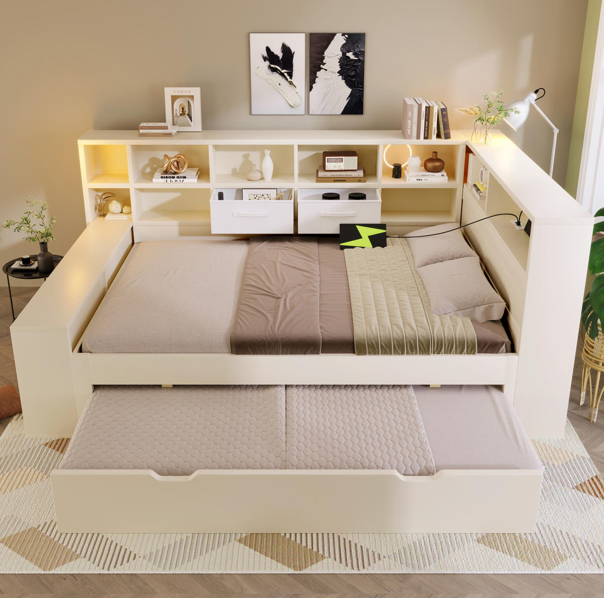 JUGENDBETT Stauraumbett 140/200 cm aus Kiefernholz und Spanplatte mit Ausziehbett und USB-Ladeanschlüssen Weiß - Weiß, Holz (140/200cm) - Modenvie