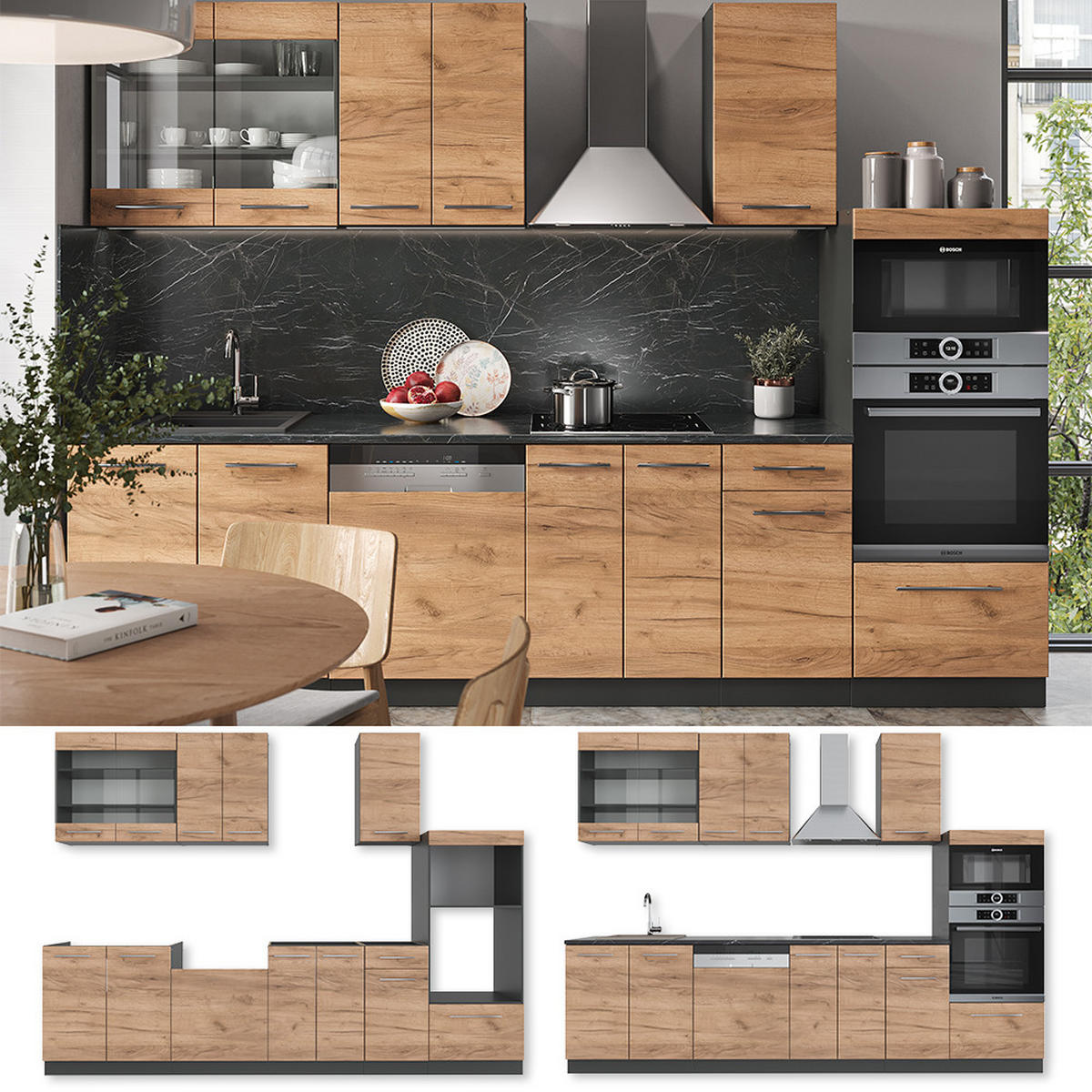 KÜCHENZEILE Fame-Line Goldkraft Eiche/Anthrazit 300 cm mit Hochschrank AP Eiche - Anthrazit/Eiche Wotan, Holzwerkstoff (300/81.6/60cm) - Vicco