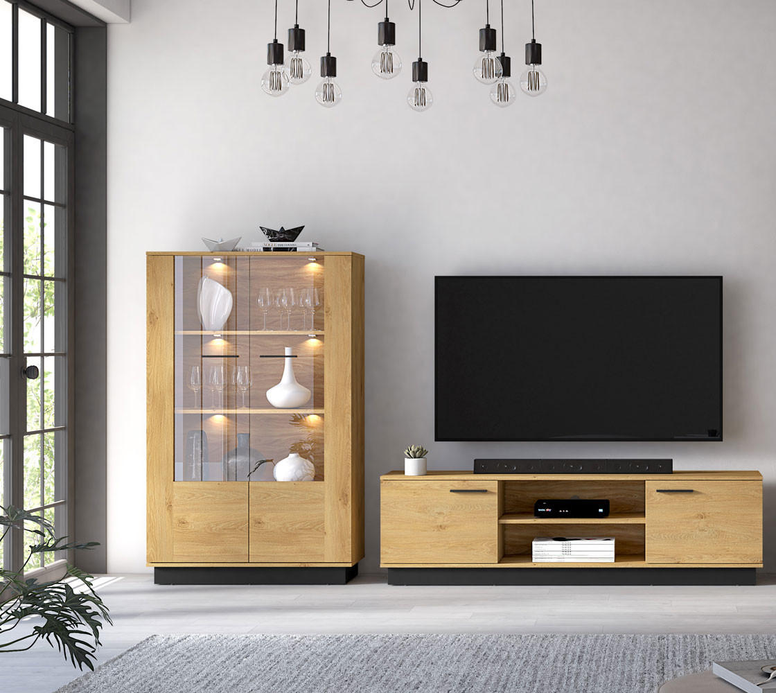 WOHNZIMMER-SET Modesto Eiche Style hell / schwarz 2-teilig - Hellbraun/Eichefarben, Holz/Holzwerkstoff (262/149/40cm) - Feldmann-Wohnen