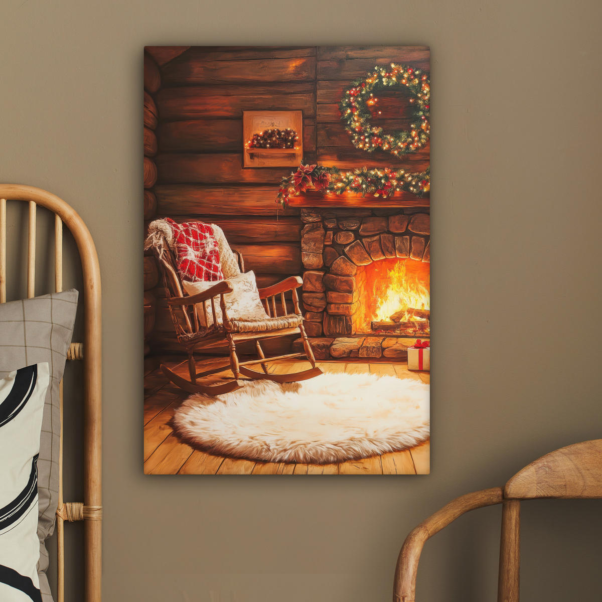 LEINWANDBILD Winter - Weihnachten - Zuhause - Kamin 60x90 cm - Bernsteinfarben, Textil (60/90cm) - MuchoWow