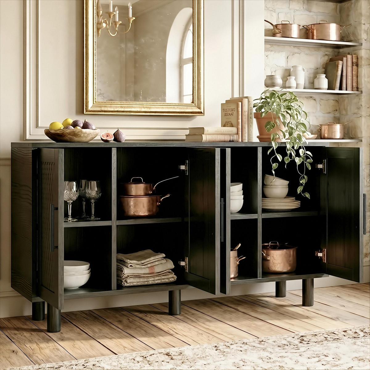 SIDEBOARD Japandi mit 4 Türen in Rattan-Optik 140/40/80 cm Schwarz - Schwarz, Holzwerkstoff (140/80/40cm) - Creahappy