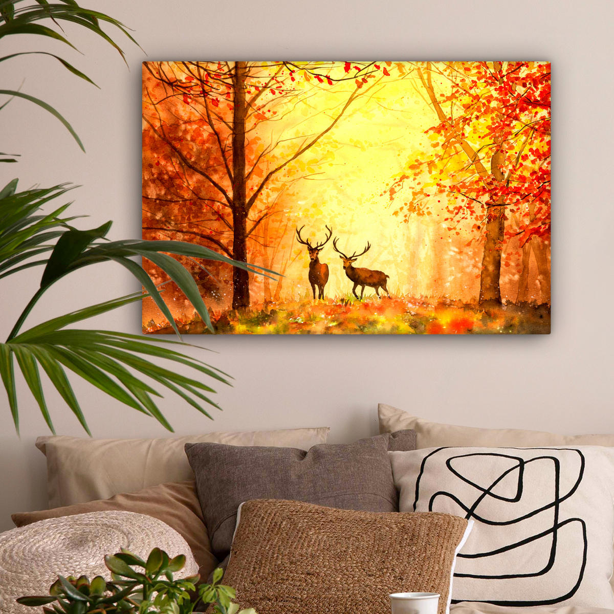 LEINWANDBILD Natur - Ölfarbe - Hirsche - Tiere - Herbst - Orange Wanddeko 90x60 cm - Orange, Textil (90/60cm) - MuchoWow