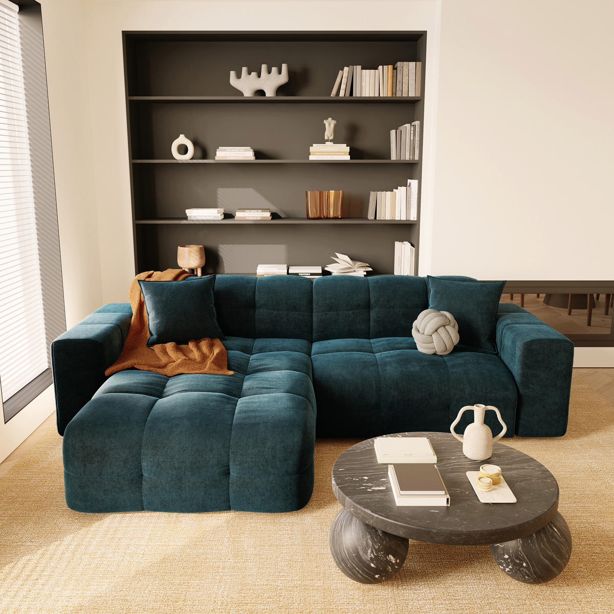 ECKSOFA LINKS Samt Pfauenblau 230cm - Blau/Hellblau, Textil (155/230cm) - Sia Home