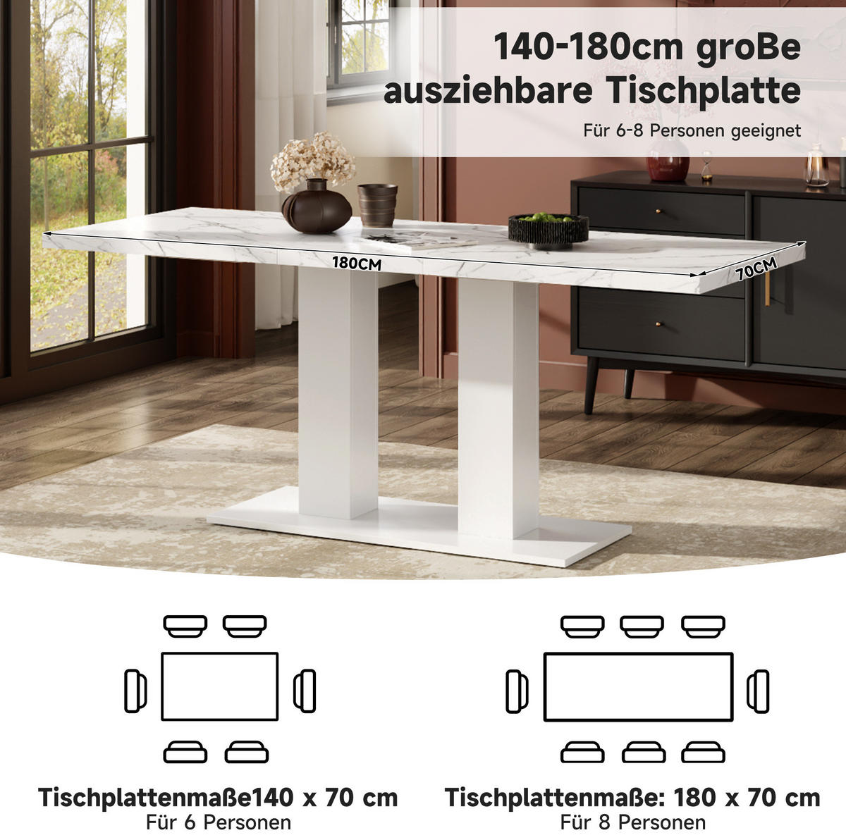ESSTISCH 140/70 cm Weiß aus MDF mit Ausziehfunktion - Weiß, Holzwerkstoff (180/70/75cm) - OKMYHOME