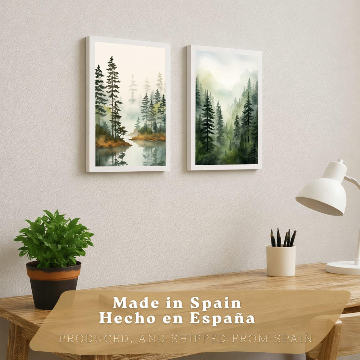 PLAKAT Sada 2 dekorativních tisků Nordic Forest Landscape obývák Obrázky - zelené a hnědé dekorativní plakáty Obývací pokoj A4 bílý rám - bílá, papír (29.7/42/3cm)