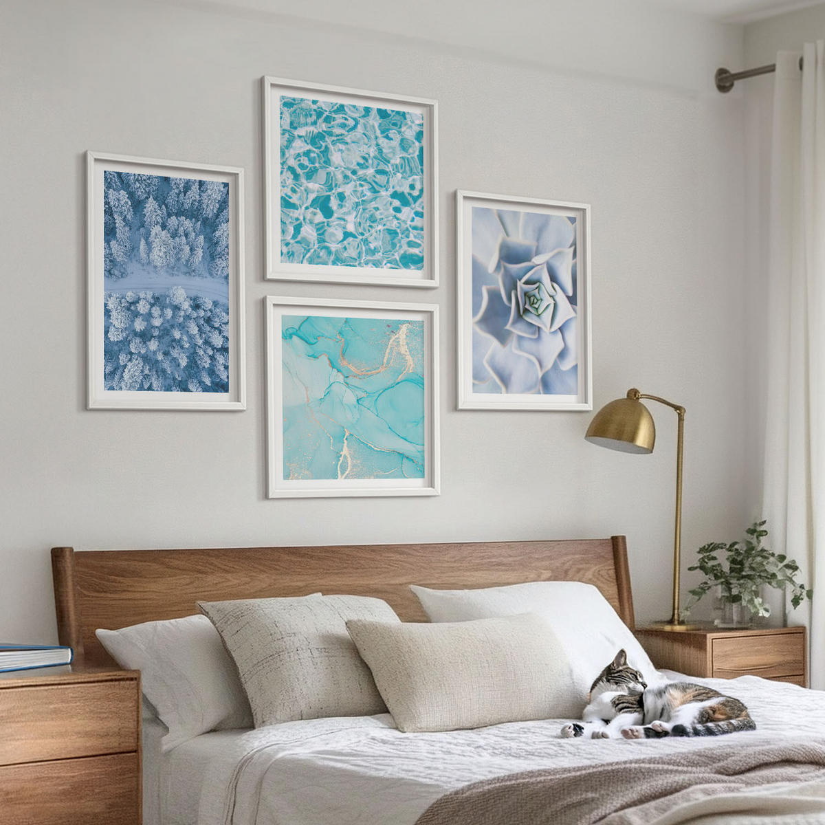 WANDBILDER 4er-Set - 50x50 cm & 40x60 cm Weißer Rahmen - Winterwald-Blaublume - Weiß, Kunststoff (50/50cm) - ArtPrintCave