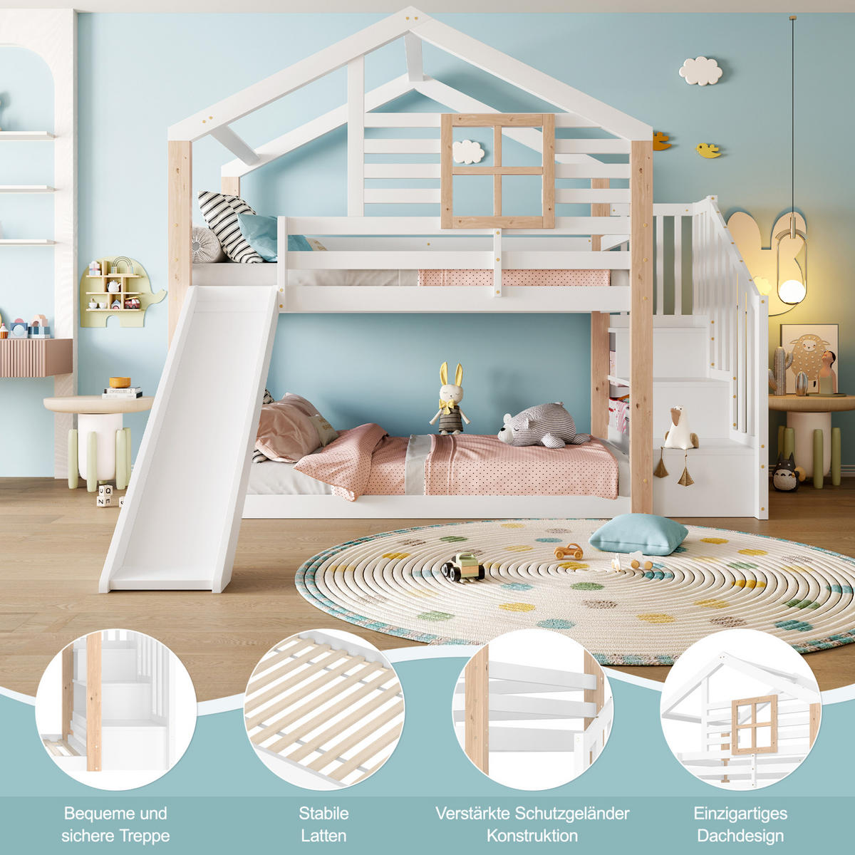 ETAGENBETT aus Holz 90x200 cm Weiß mit Rutsche, Treppe mit Stauraum und Haus-Design - Weiß, Holzwerkstoff (90/200cm) - Modfu