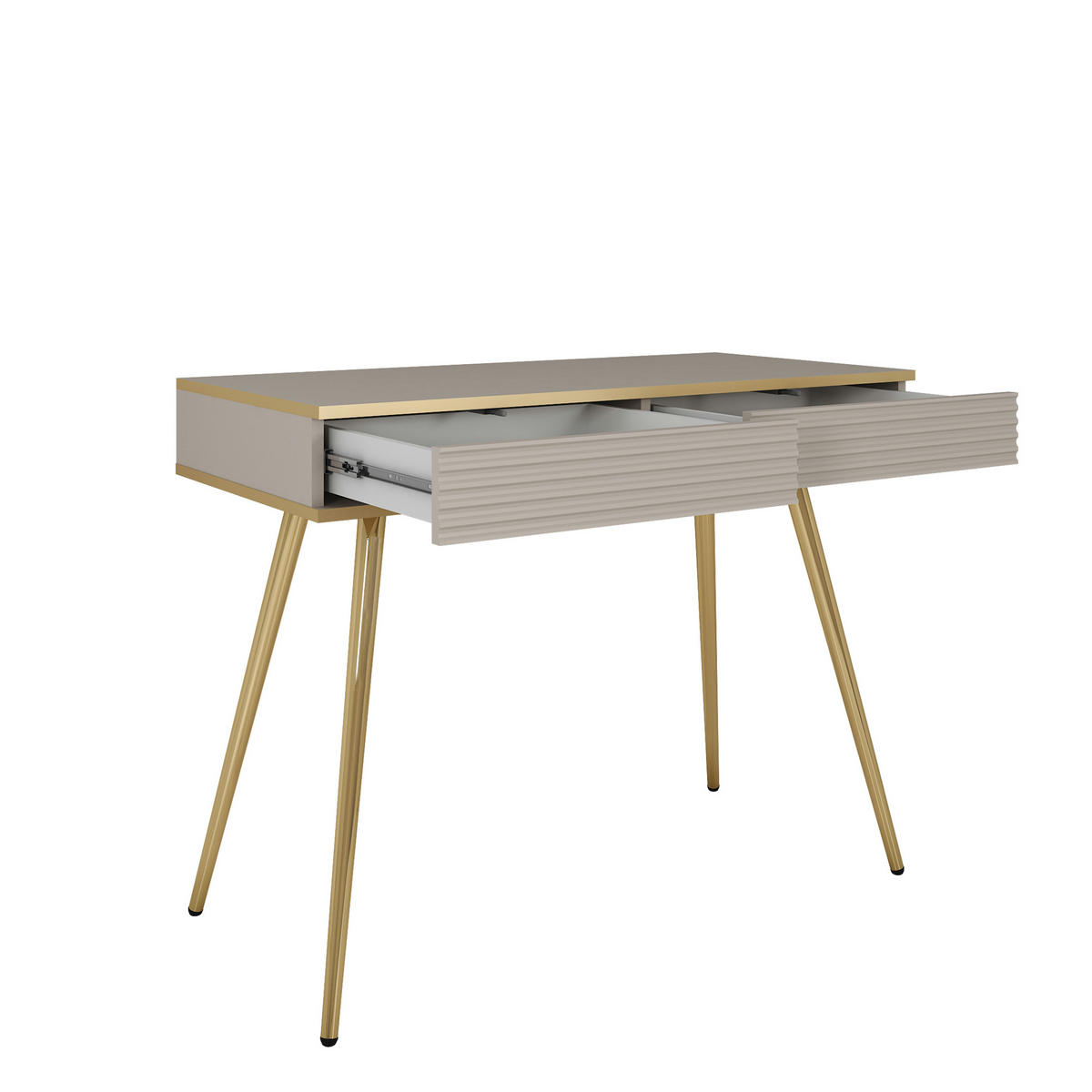 SCHMINKTISCH BANFF TOA2-2S Goldene Metallbeine, geriffelte Fronten, Weiß - Weiß, Holzwerkstoff/Kunststoff (102/80/50cm) - Komodee