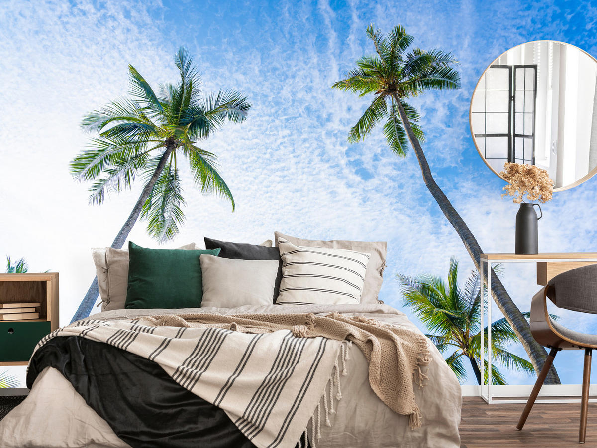 FOTOTAPETE für Badezimmer Palmen Kokos Himmel Untenblick 200x140 - Blau/Weiß, Papier (200/140cm) - Muralo