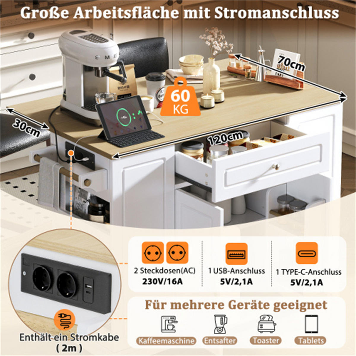 KÜCHENINSEL mit Rollen, ausziehbar mit Multifunktionsschubladen & Abfallfach, weiß, 131,8×40×93,3 cm - Weiß, Holzwerkstoff (131.8/93.3/40cm) - Nobilia